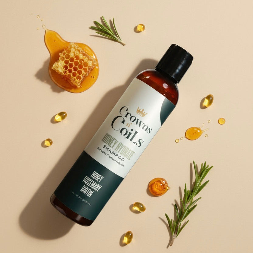 Bottle of 'Crowns Coils' shampoo with honeycomb, honey, and rosemary leaves on a beige background