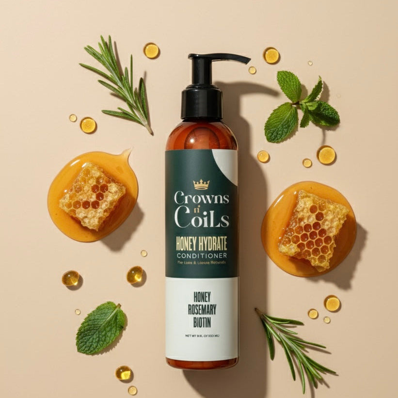 Bottle of 'Crown Coils Honey Hydrate' conditioner with honeycomb and mint leaves on a beige background