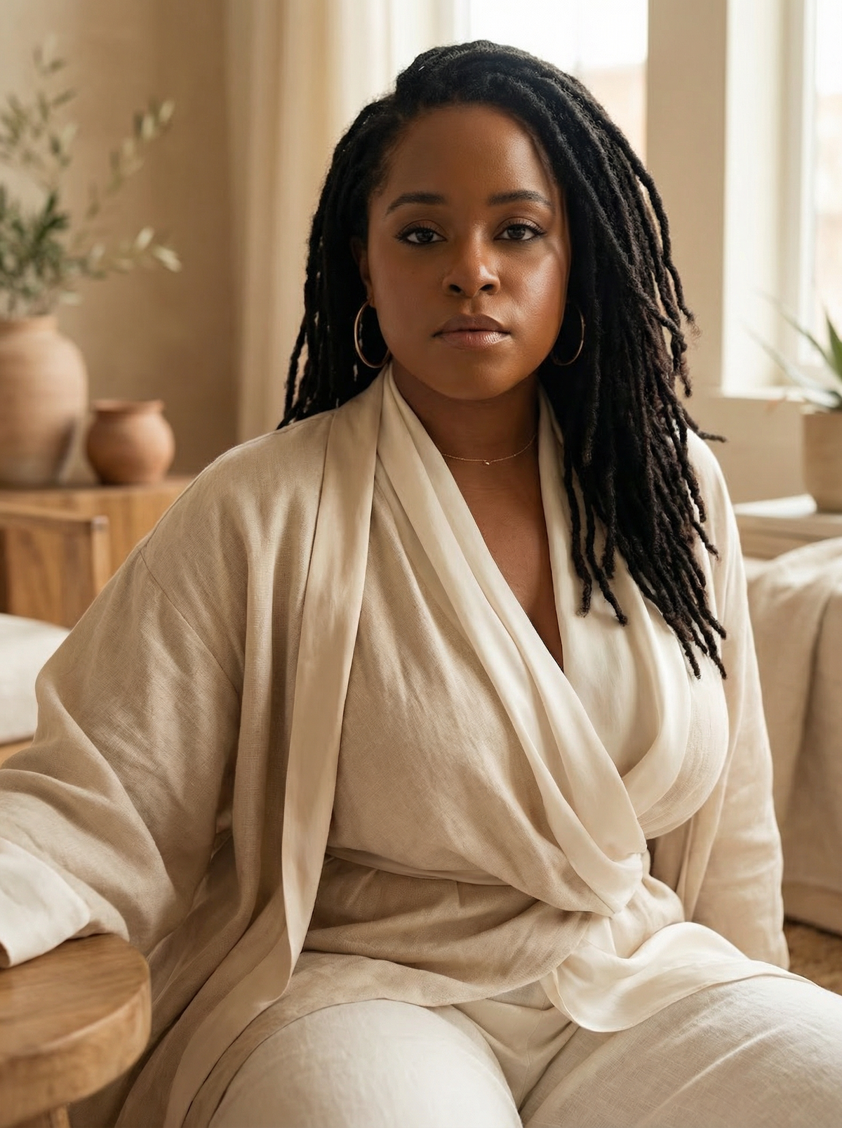 Woman in a beige outfit sitting in a cozy room with plants and furniture.