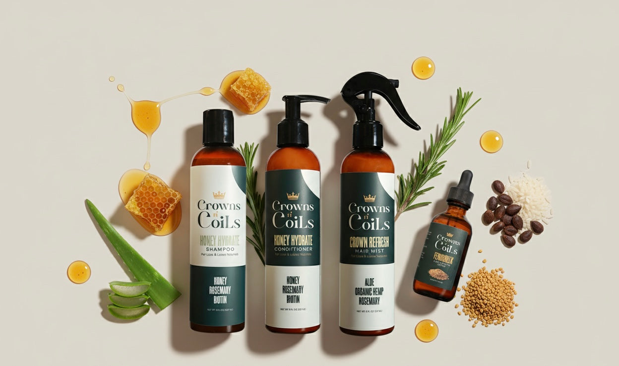 Collection of 'Crowns & Coils' hair care products with natural ingredients on a light background